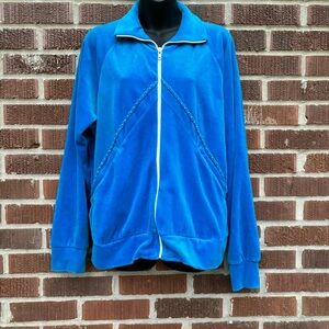 Vintage Velour Stripe Swoosh Embroidered Pockets Zip Blue Track Jacket Sz Large